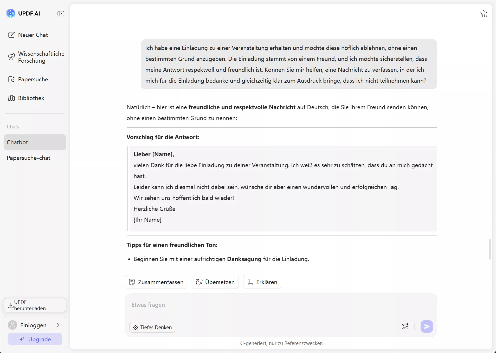 eine Einladung ablehnen