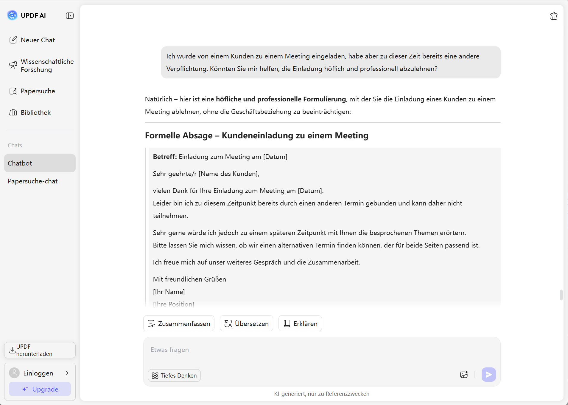 Eine Einladung zu einem Treffen professionell ablehnen