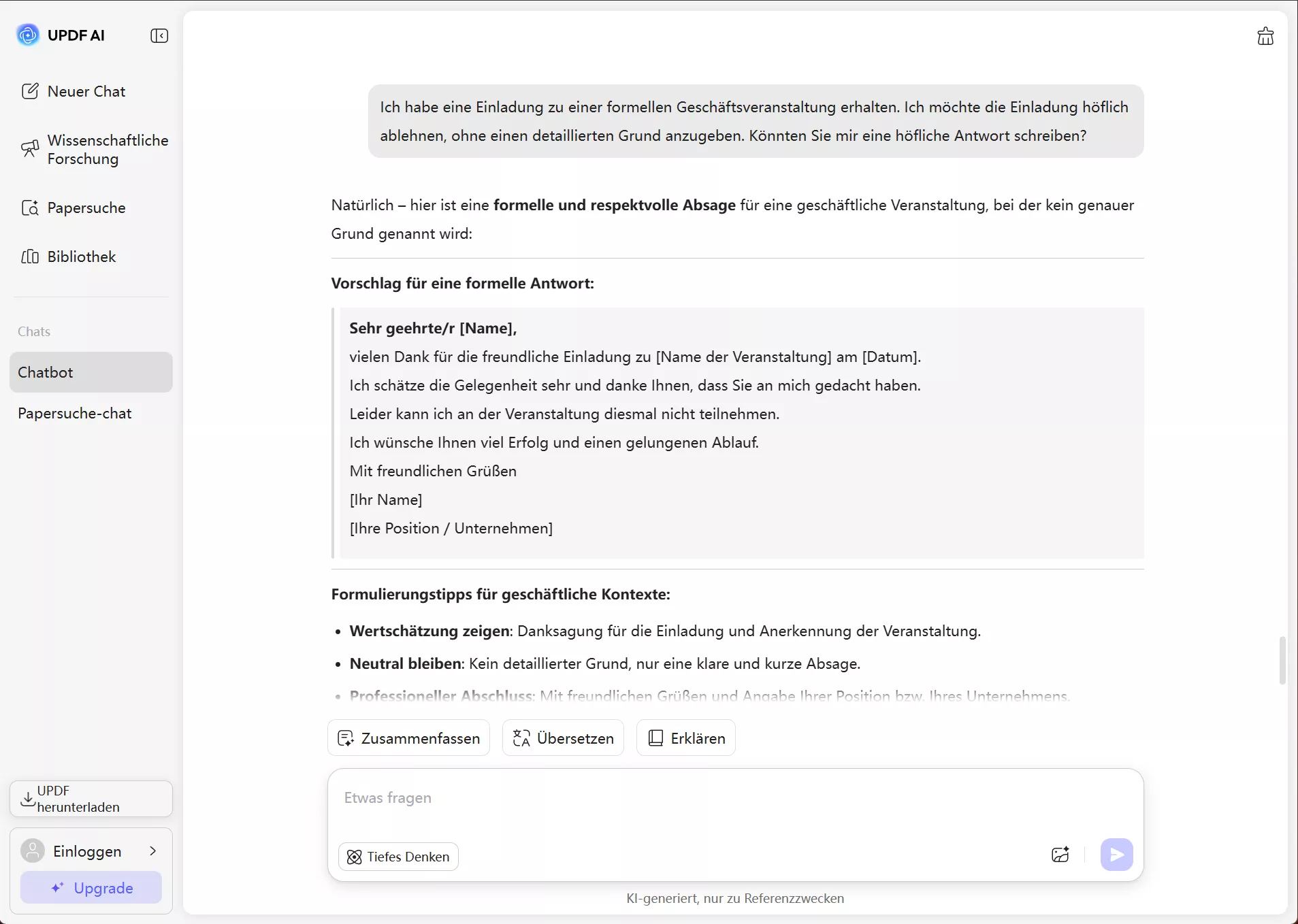 updf ai Antwort zur Ablehnung einer Einladung zu einem formellen Geschäftstermin