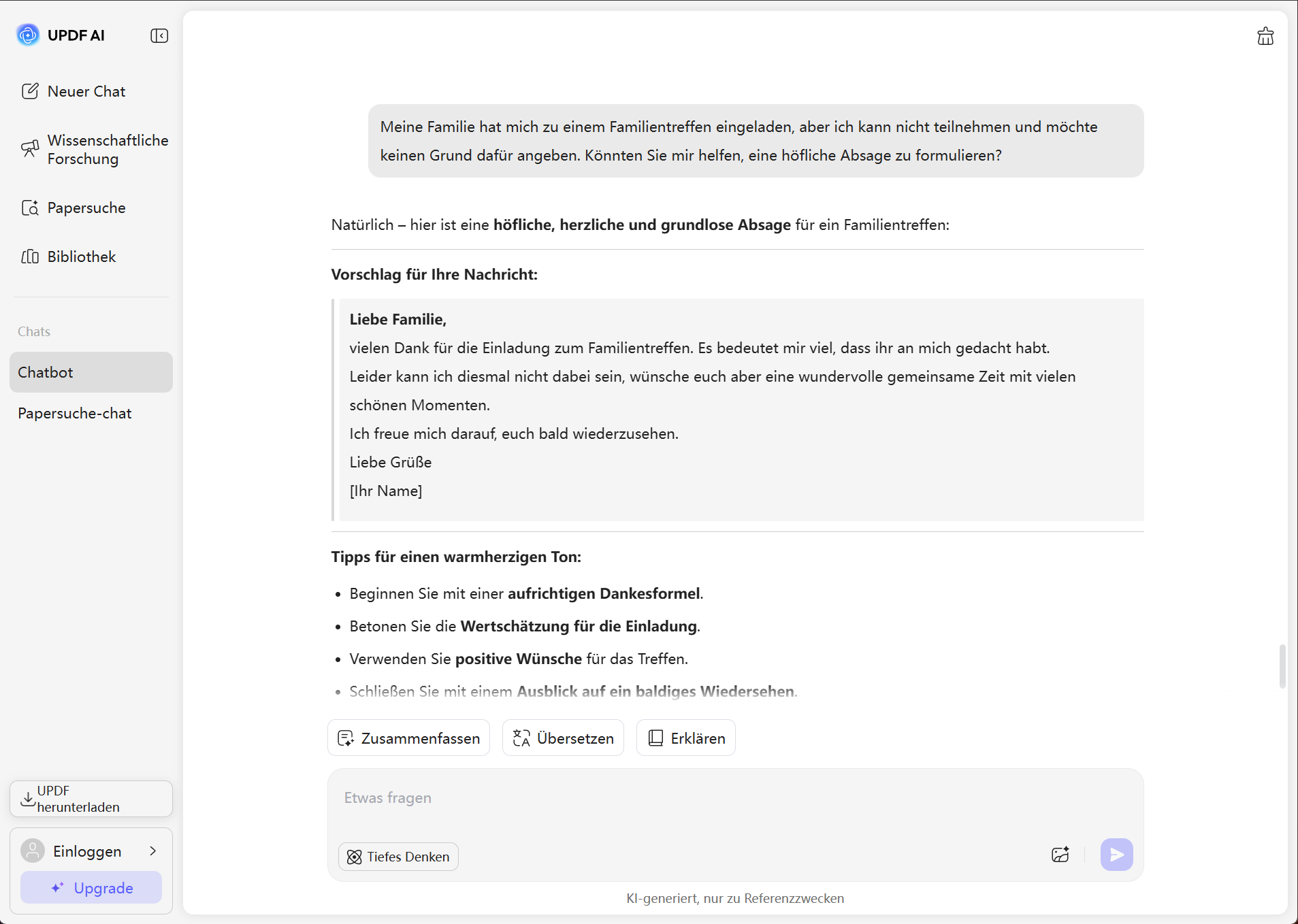 updf ai Antwort auf die Ablehnung einer Einladung zur Familienzusammenführung
