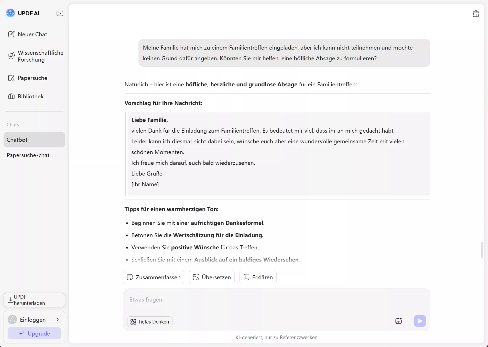 updf ai Antwort auf die Ablehnung einer Einladung zur Familienzusammenführung