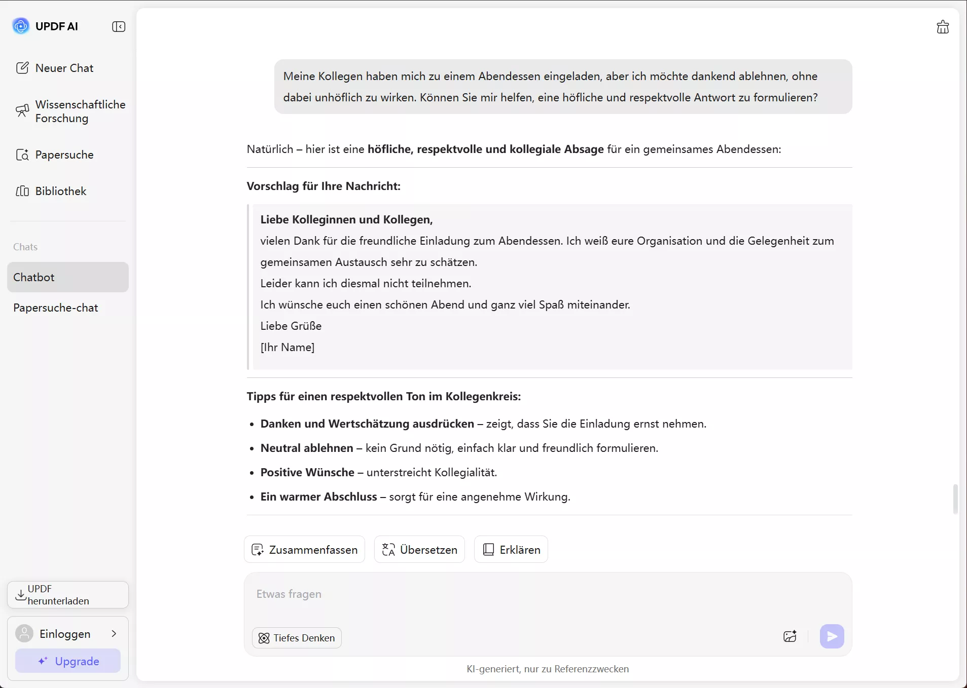 updf ai Antwort auf die Ablehnung einer Einladung zum Abendessen mit Kollegen