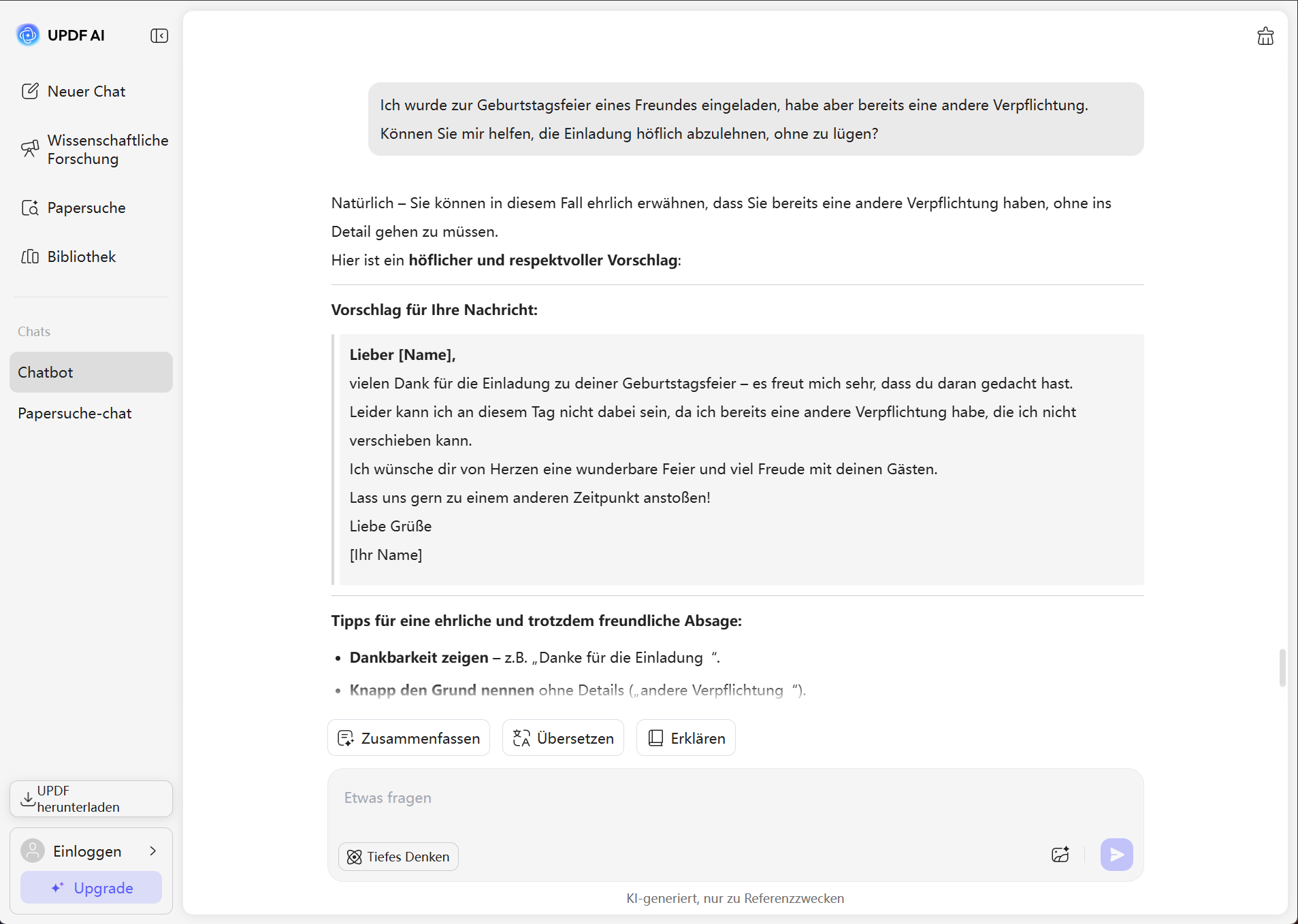 updf ai zum Ablehnen einer Einladung zu einer Geburtstagsparty