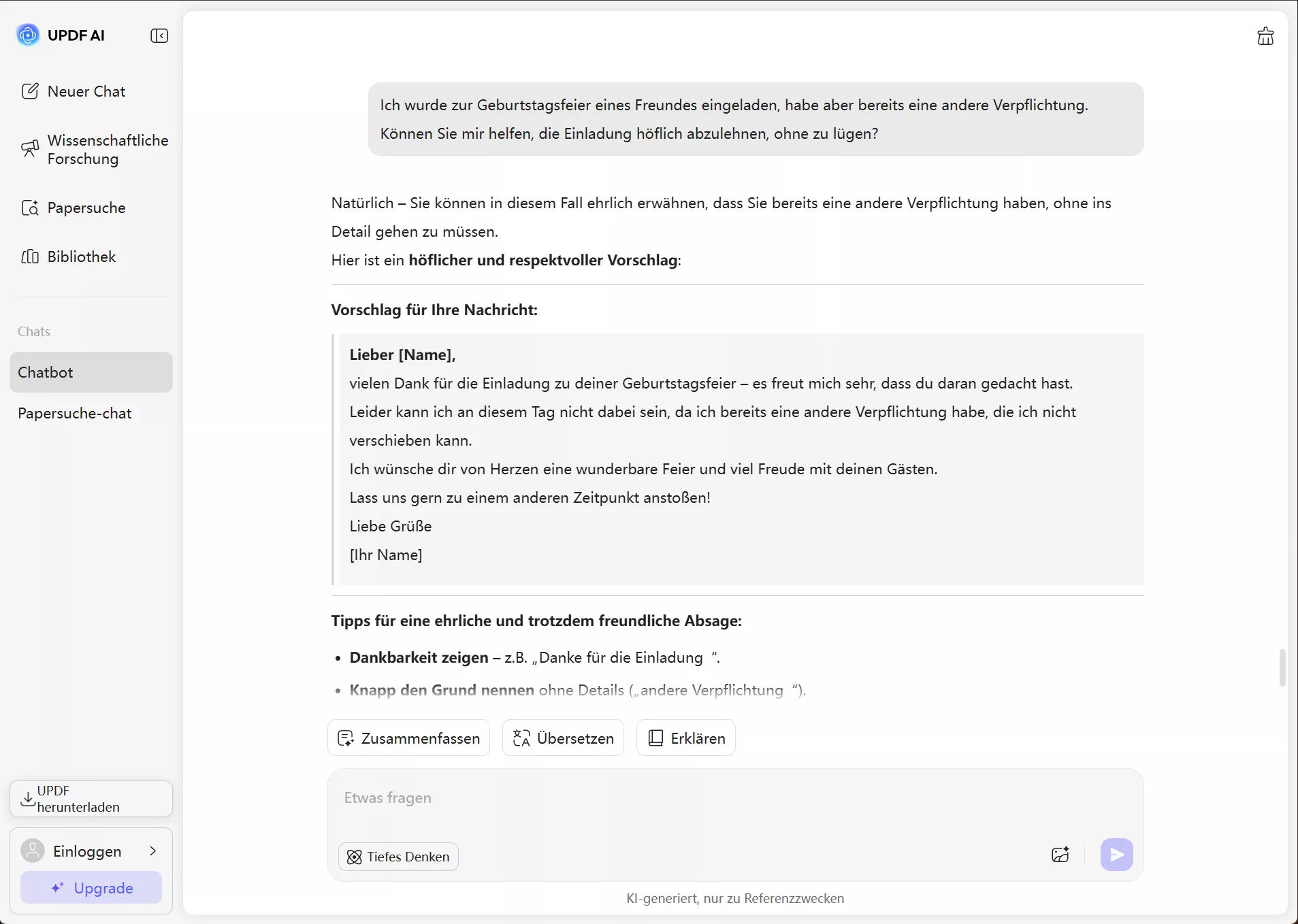 updf ai zum Ablehnen einer Einladung zu einer Geburtstagsparty