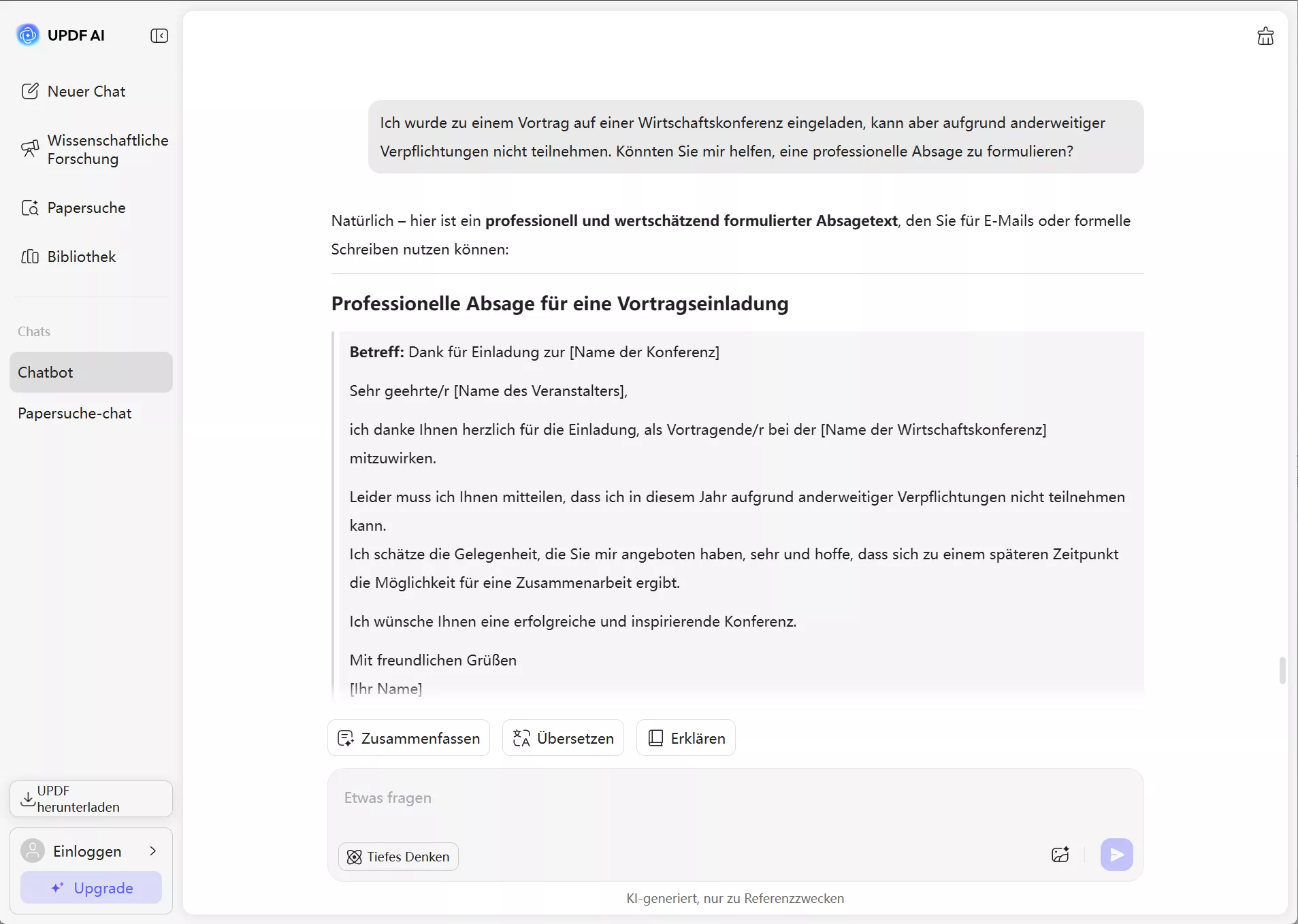Einladung professionell ablehnen mit updf ai online
