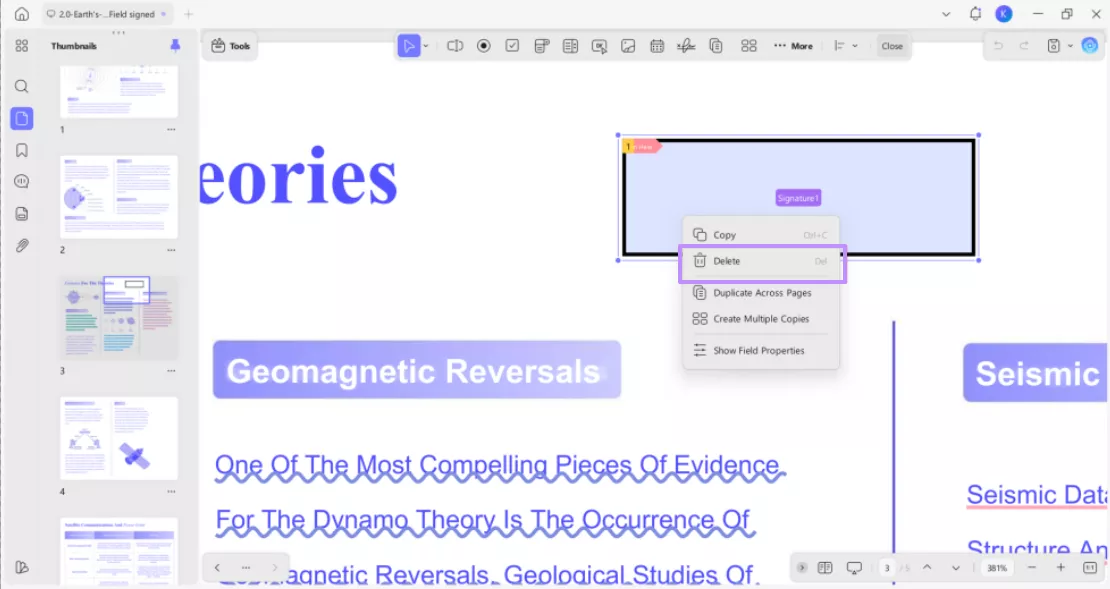 deleting the signature field