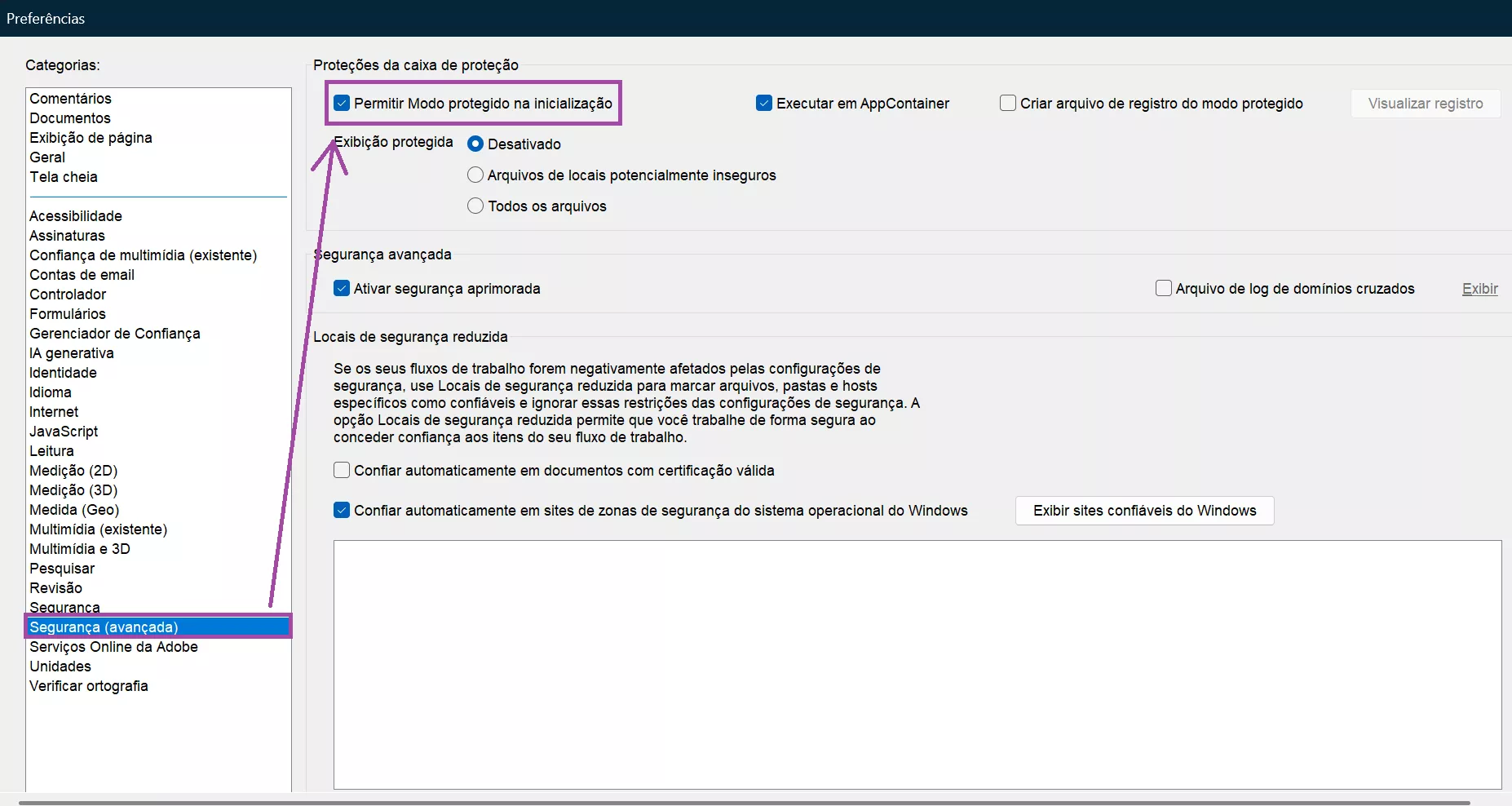 desmarque “ativar o modo protegido na inicialização”