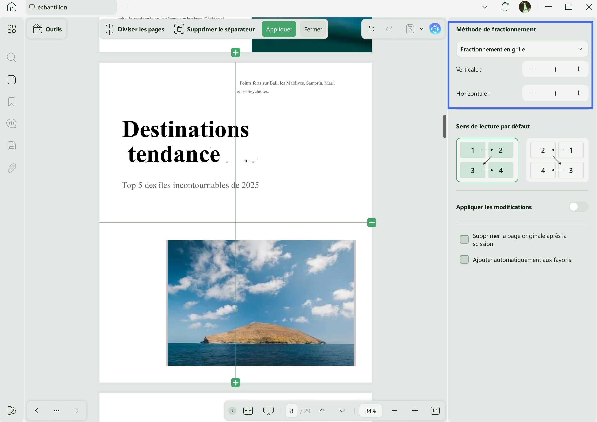 diviser une page de mots en 4 pages fractionnées