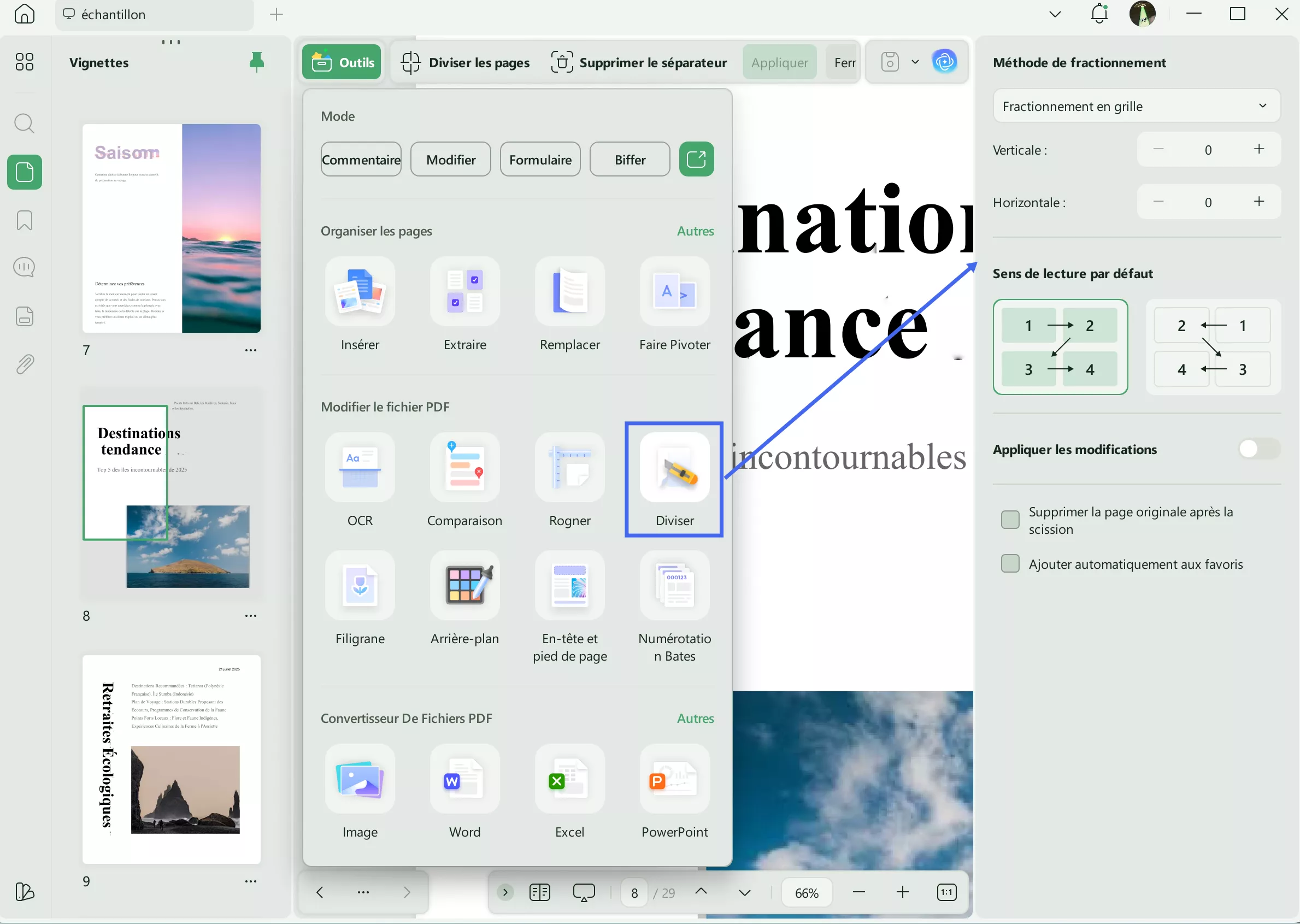 diviser une page de mots en 4 pages fractionnées