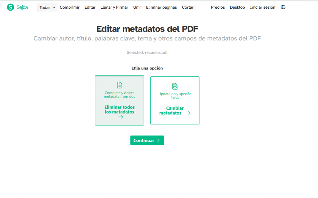elegir cambiar metadatos en sejda para cambiar metadatos