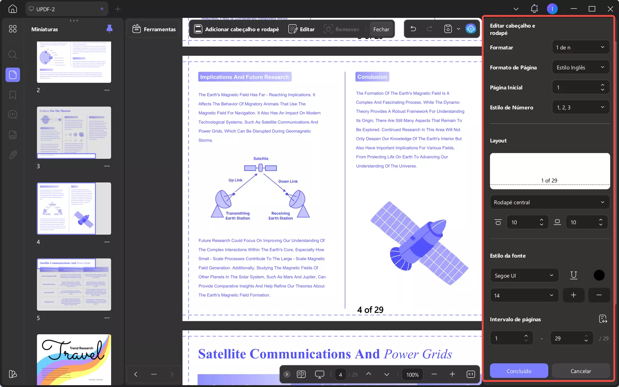 personalização do texto do cabeçalho e rodapé