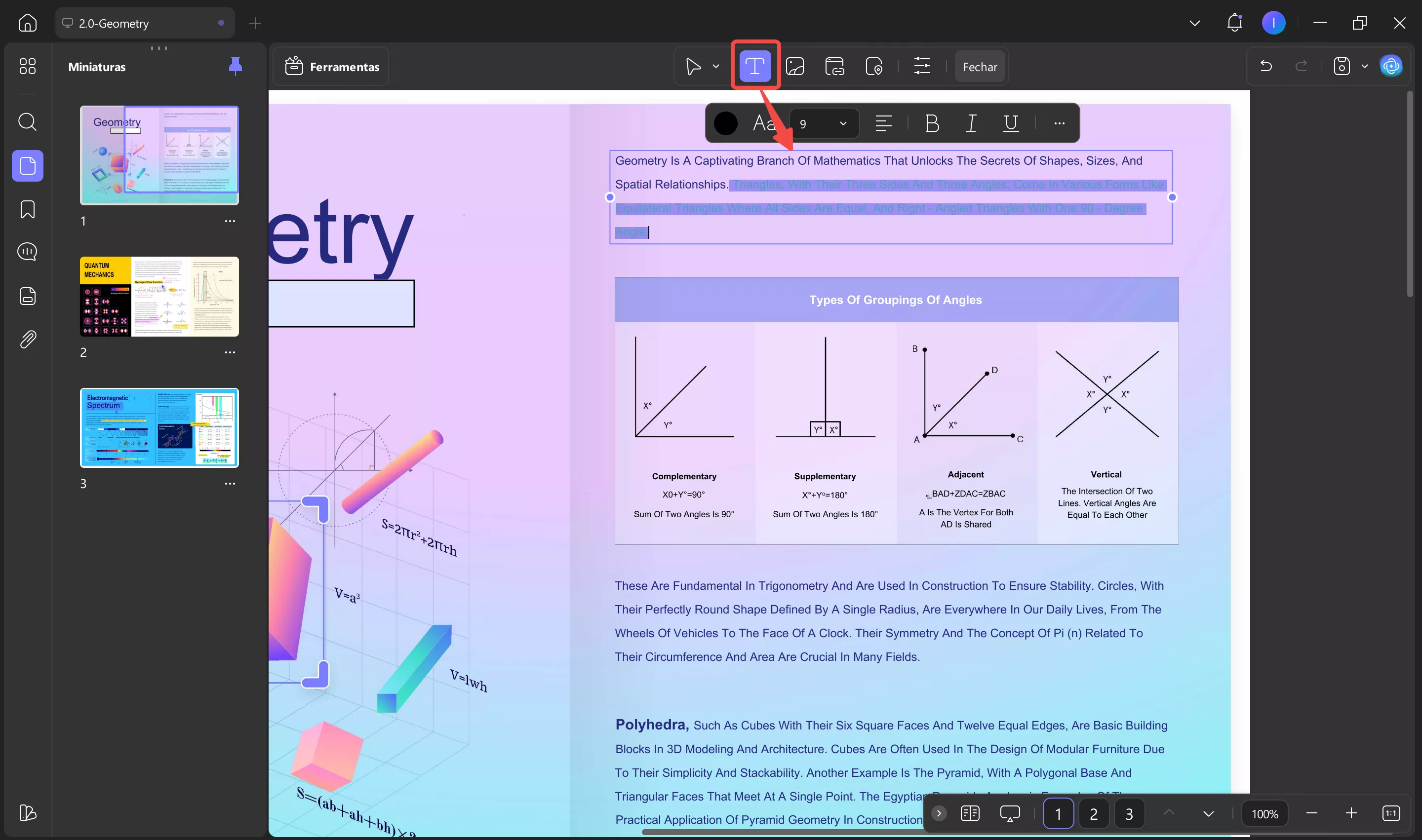 selecione o texto para editar com o updf