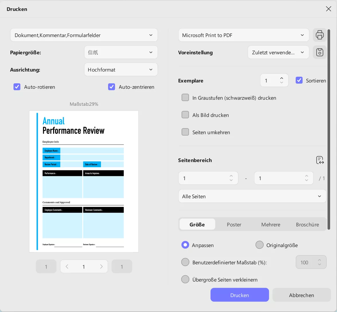Vorlage für die jährliche Mitarbeiterbeurteilung zum Ausdrucken