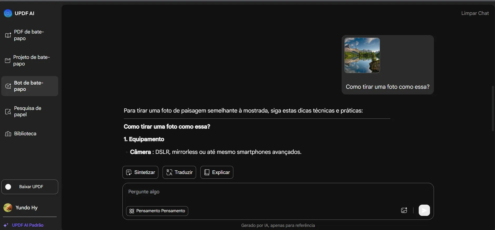 enviar uma imagem no updf ai online para fazer perguntas