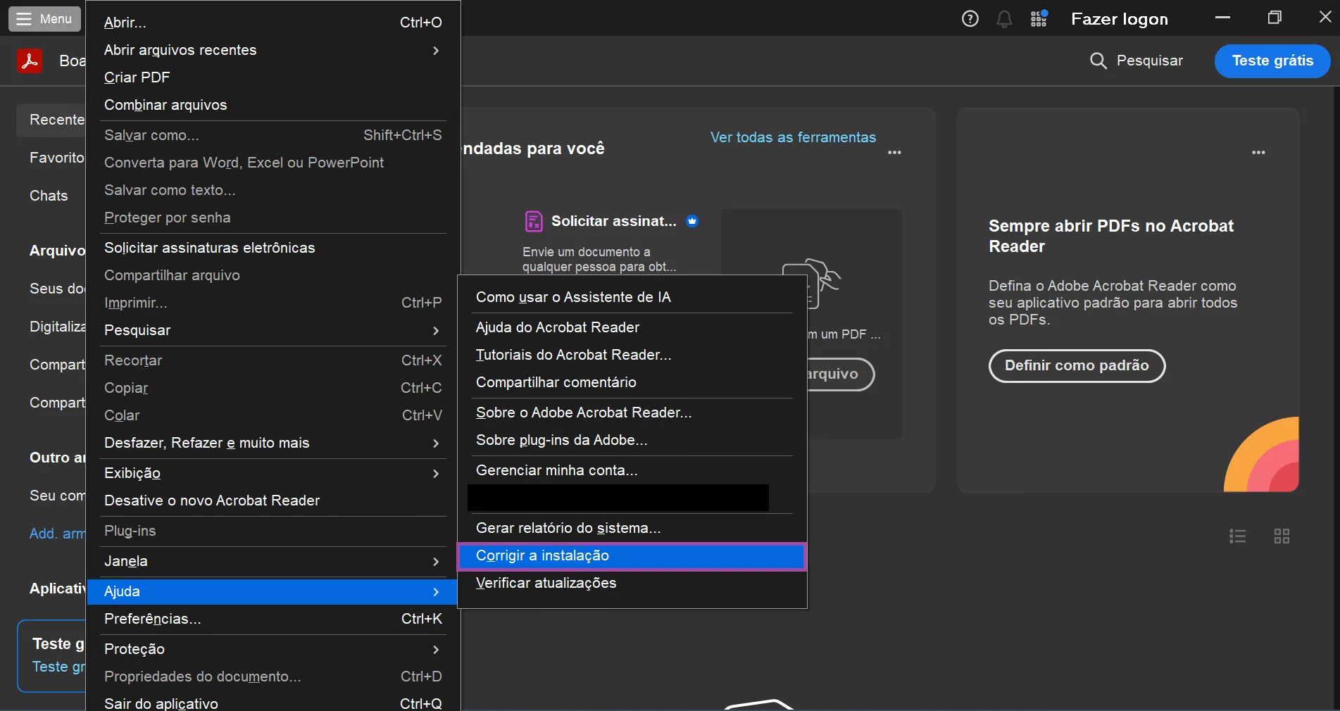 escolha “reparar instalação”