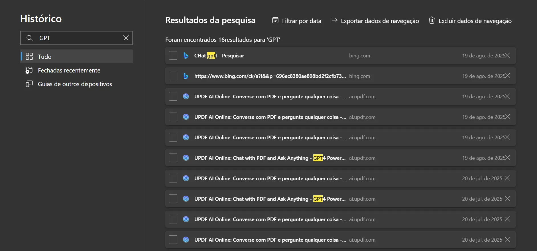 excluir dados de navegação no histórico do chatgpt