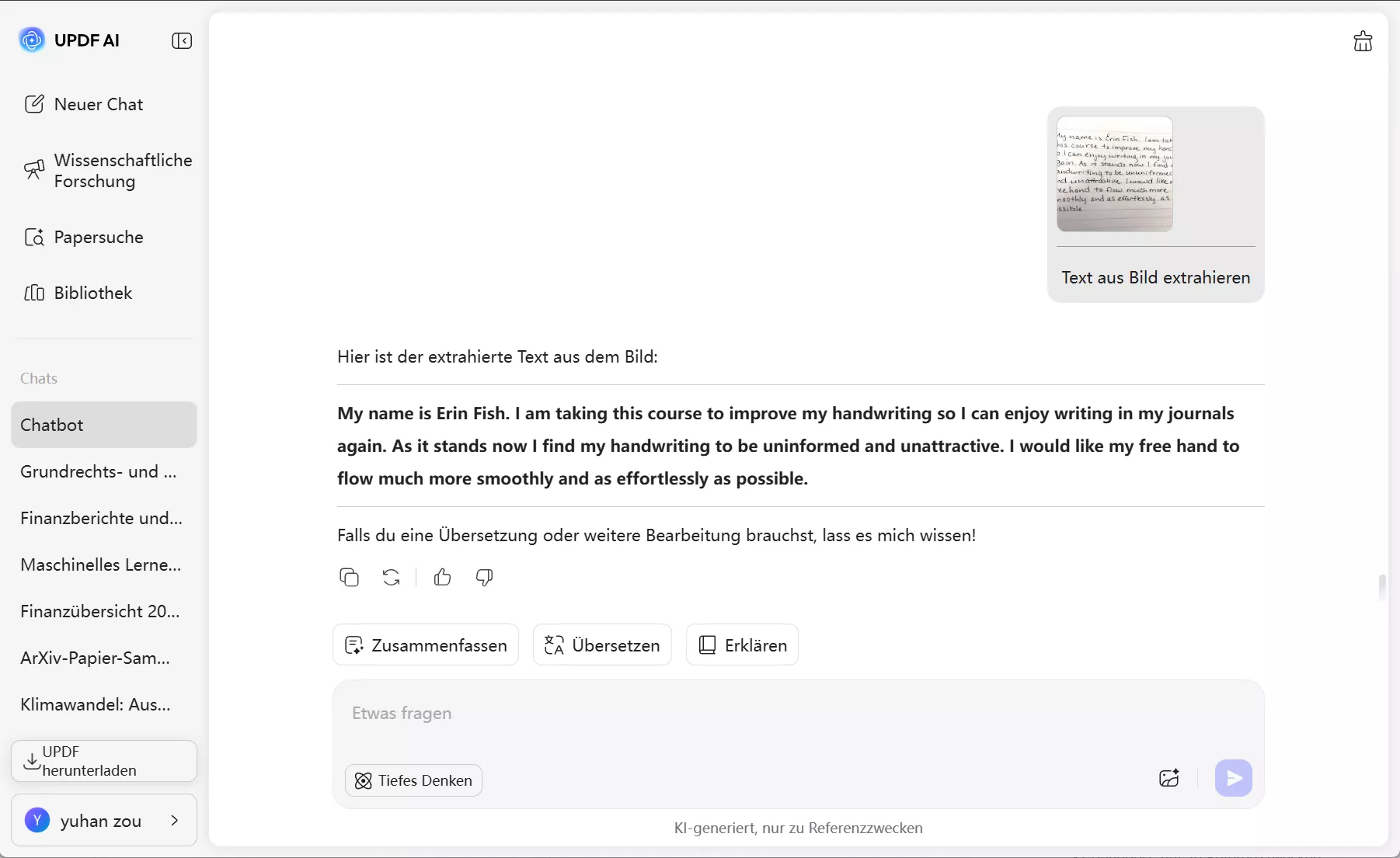 Laden Sie das handschriftliche Bild online auf updf ai hoch.