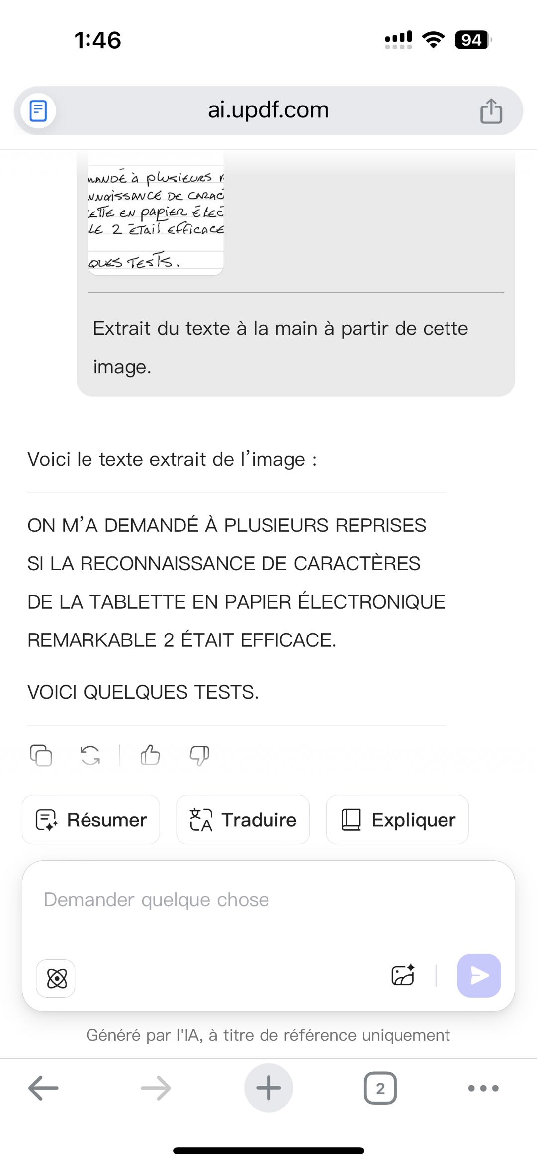 Rédigez une requête pour l'IA UPDF en ligne afin d'extraire du texte manuscrit.