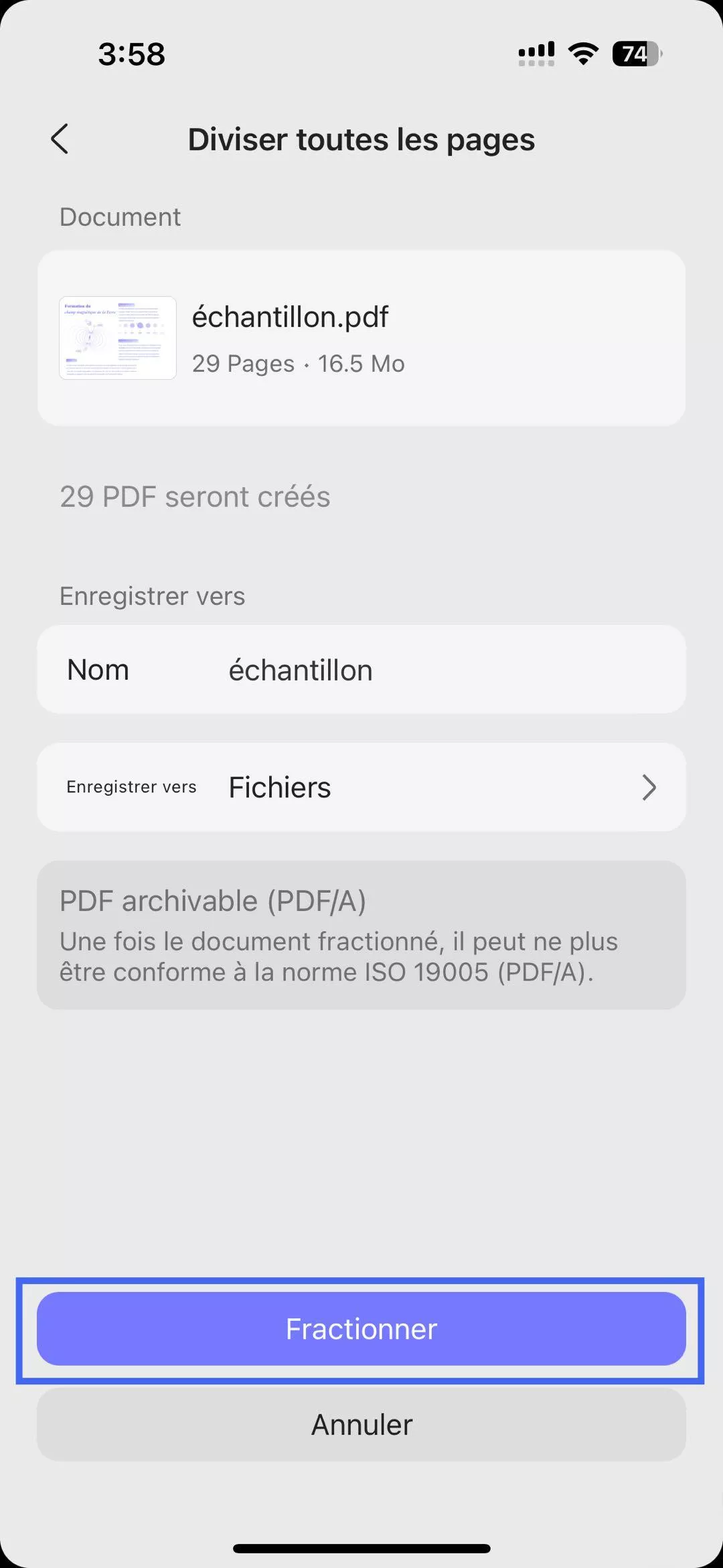 Option de fractionnement de toutes les pages updf ios