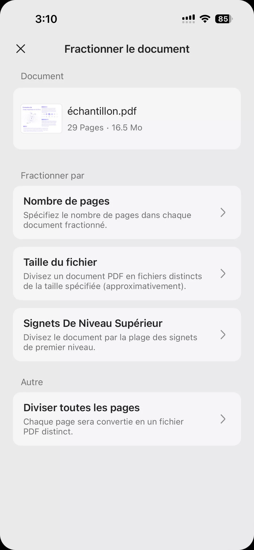 accès aux pages fractionnées iOS updf