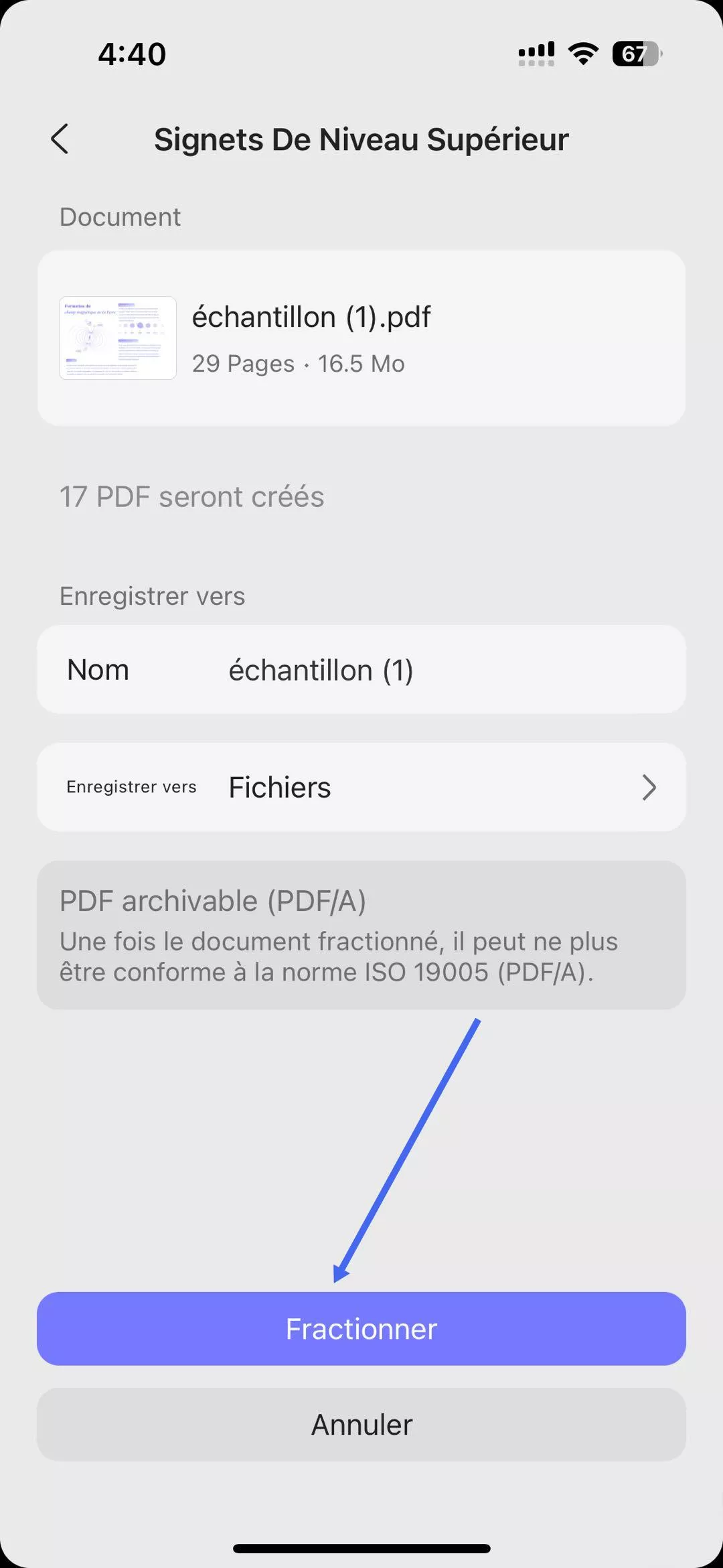 fractionnement des signets de niveau supérieur
