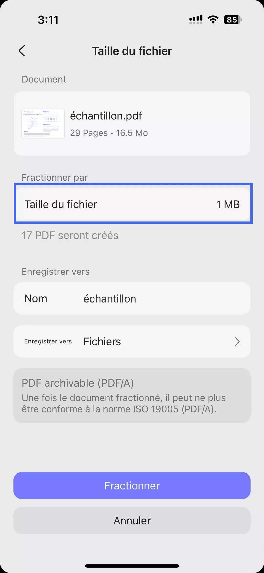 fractionner les pages en fonction de la taille du fichier