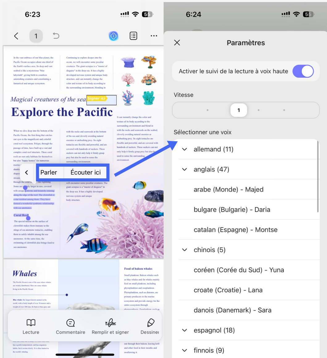 lecture à voix haute du texte intégral updf ios