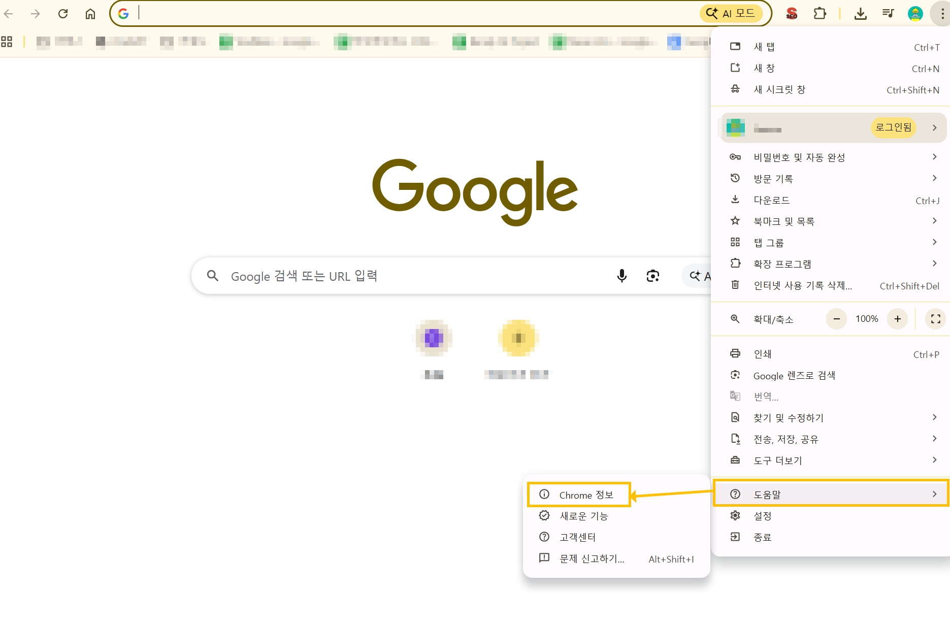 구글 크롬 정보 클릭하기