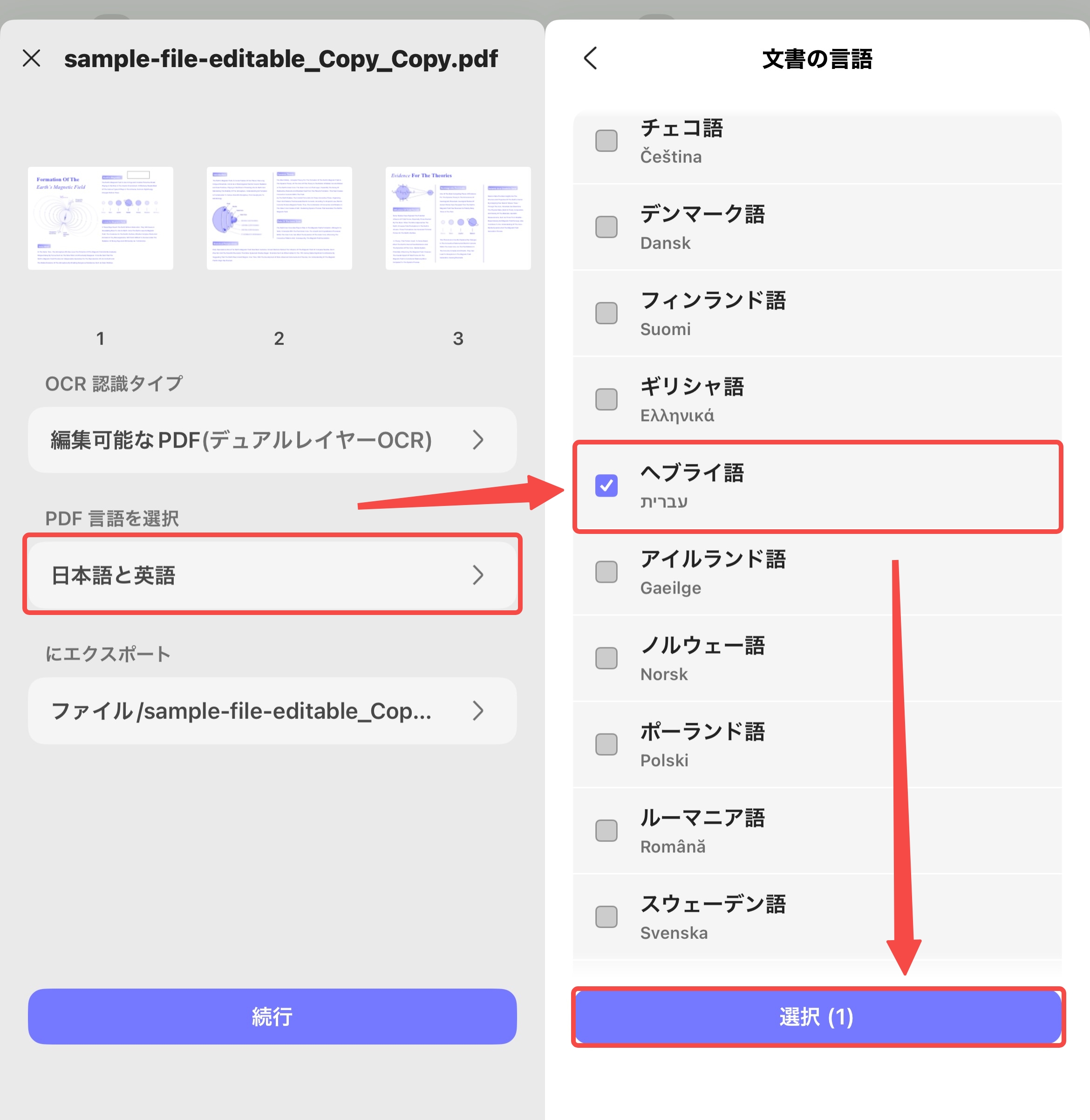 OCRの認識言語を選択する