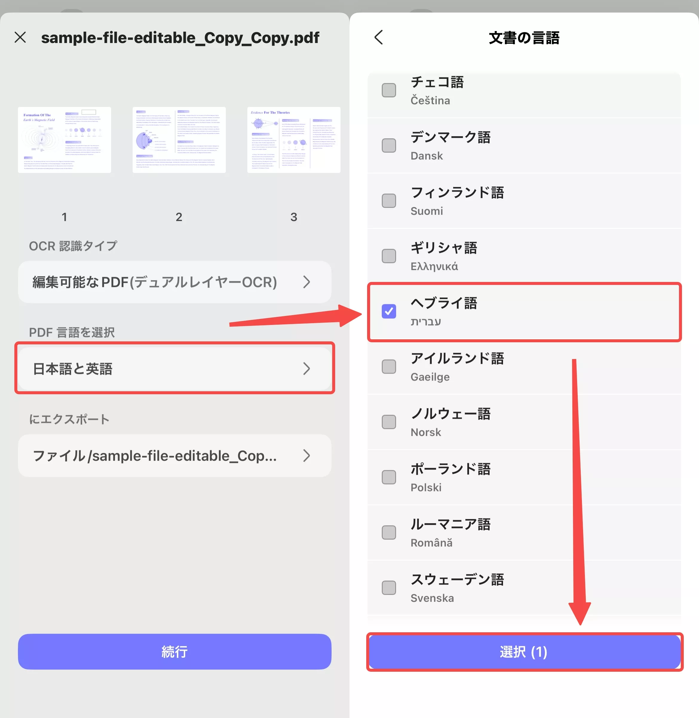 OCRの認識言語を選択する