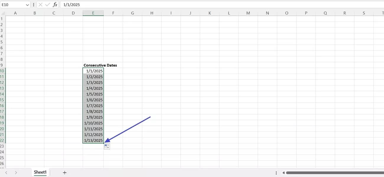 extend fill handle auto fill dates