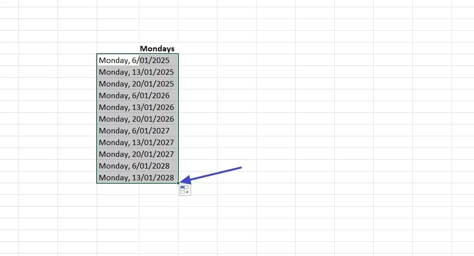 insert standard date list excel