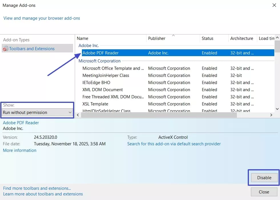 disable adobe pdf reader add on