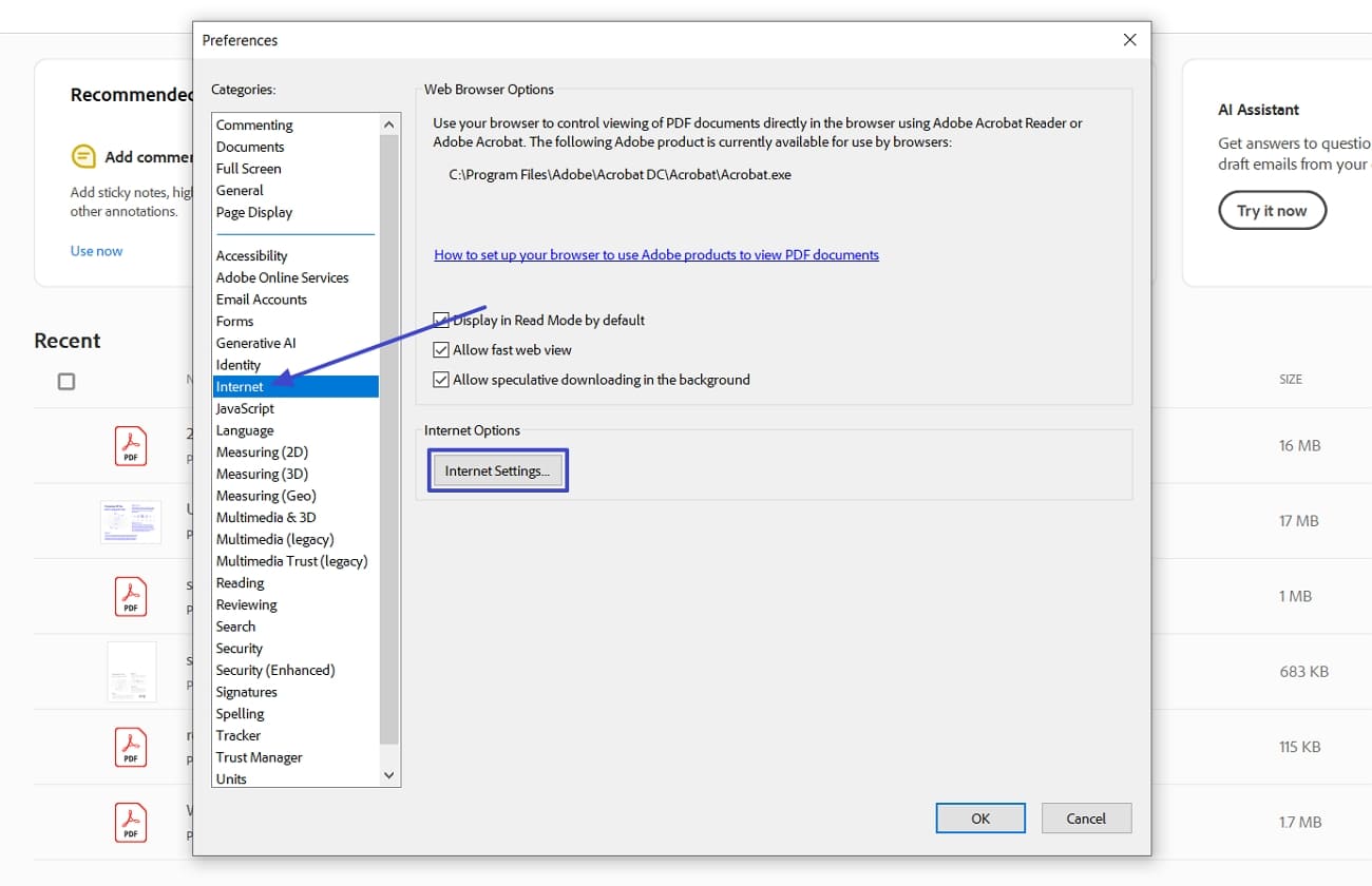 open acrobat preferences internet settings