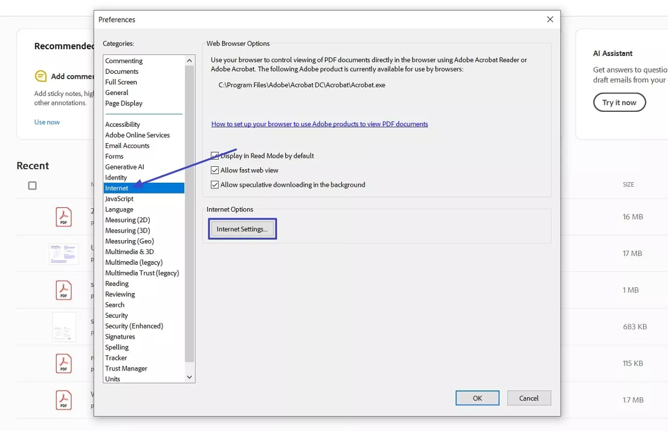 open acrobat preferences internet settings