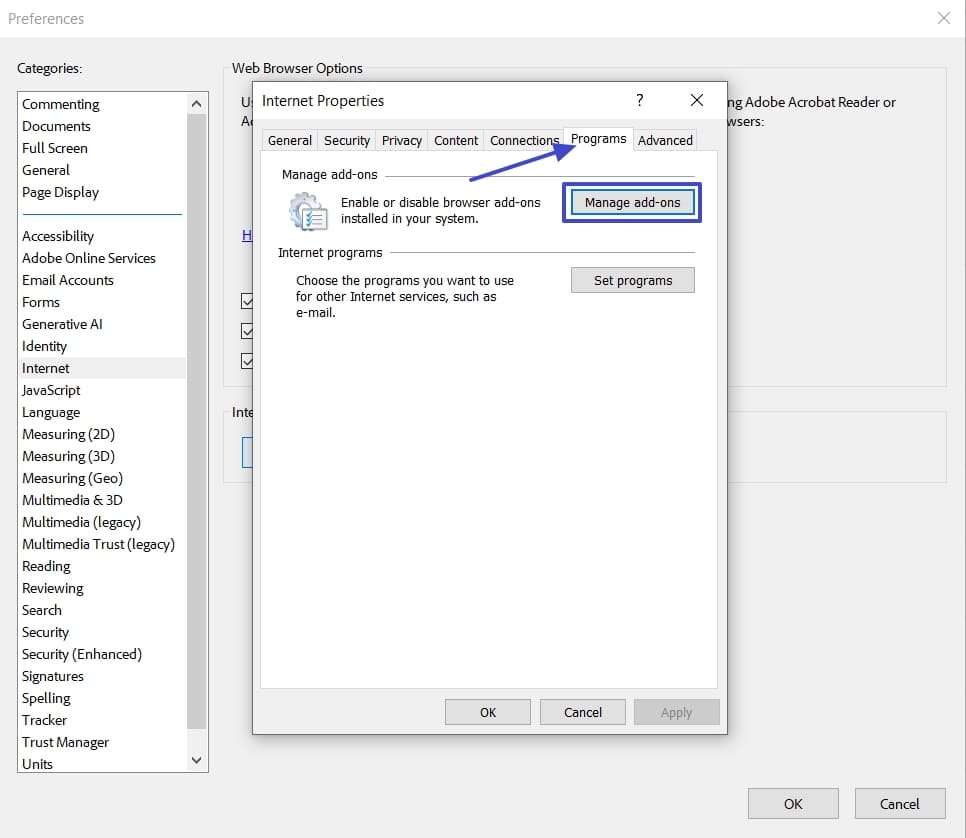 access programs tab adobe acrobat