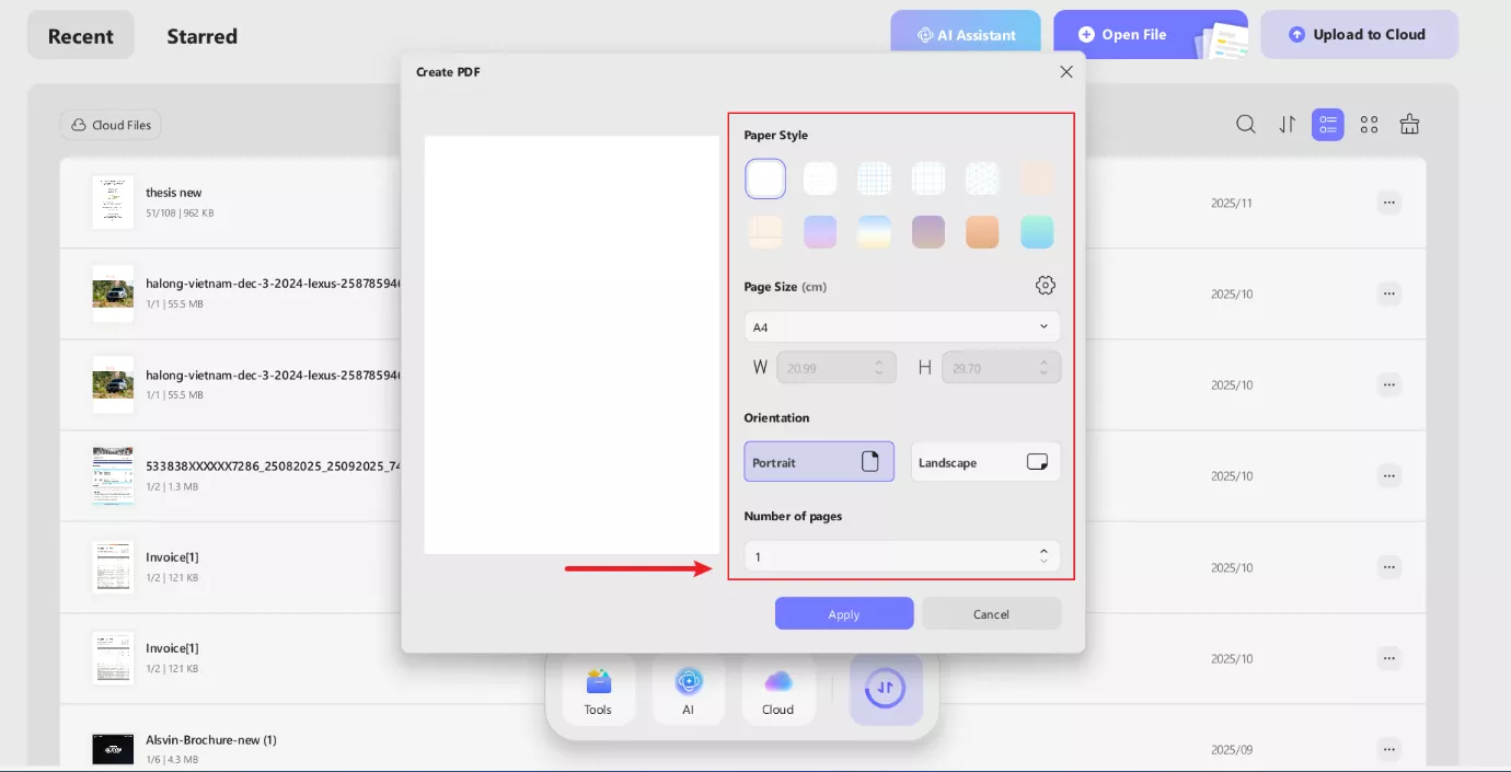 setting page size and template for minted card in updf