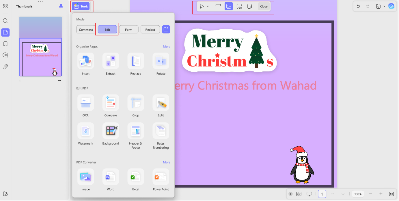 editing text and images in minted card using updf