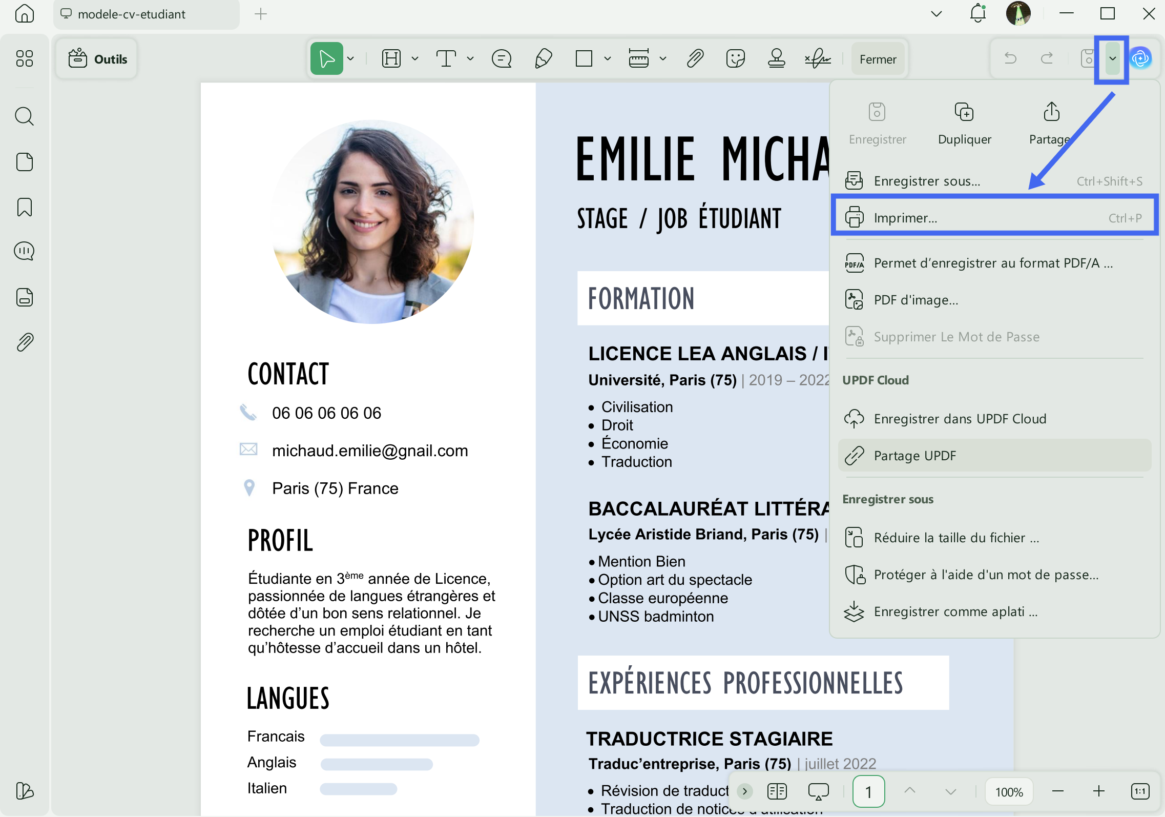 Imprimer un CV pour des emplois dans une école de métiers au format UPDF