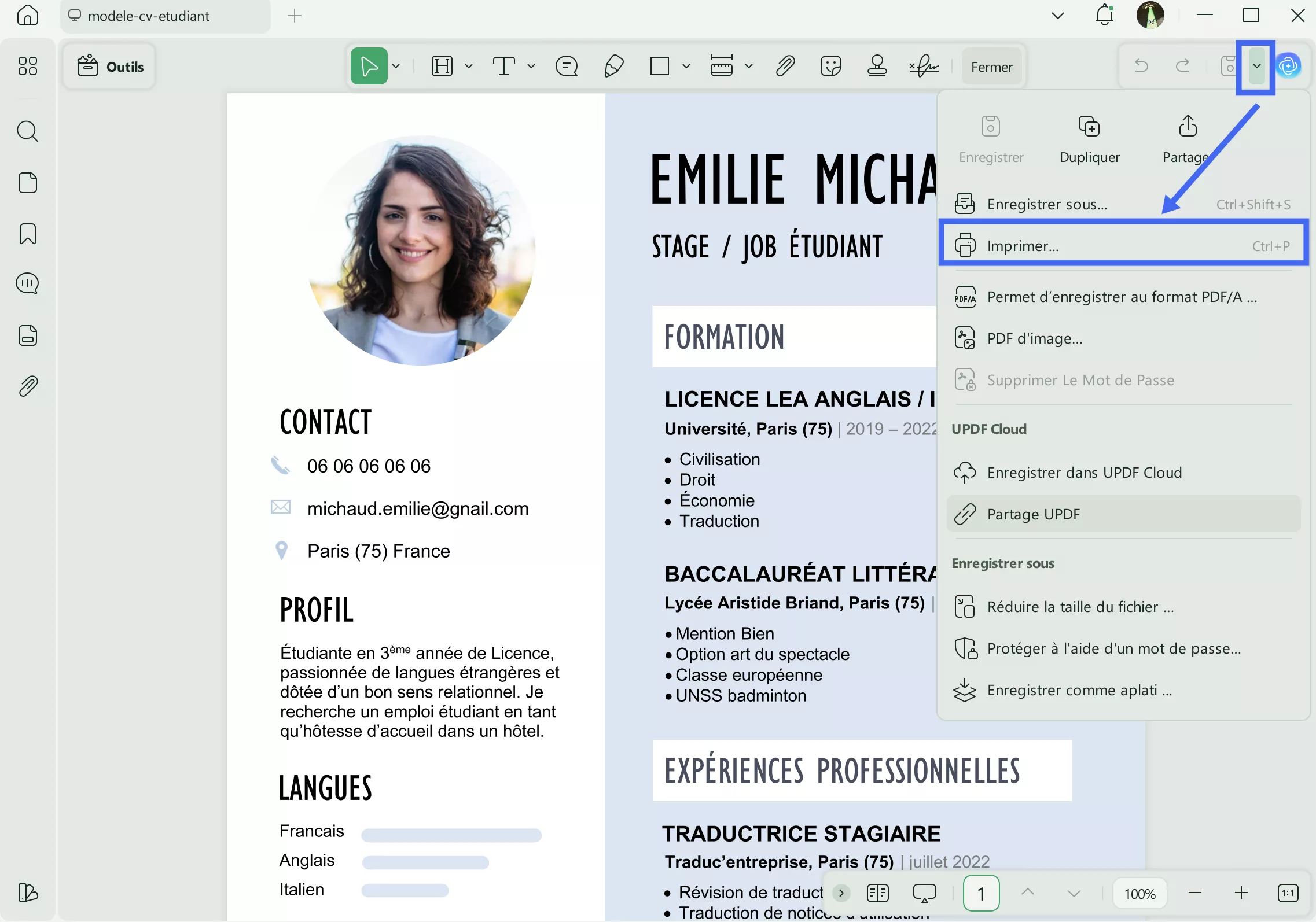 Imprimer un CV pour des emplois dans une école de métiers au format UPDF
