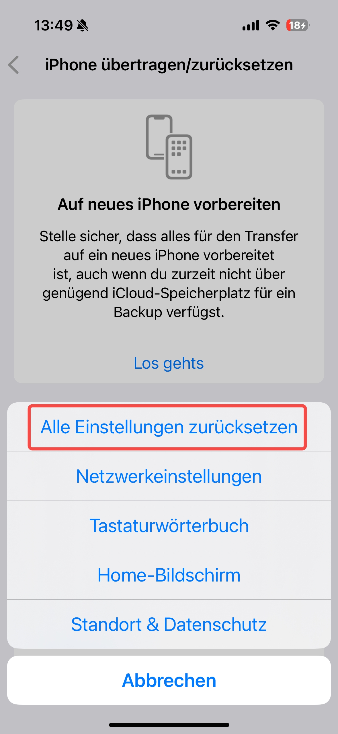 Alle Einstellungen zurücksetzen