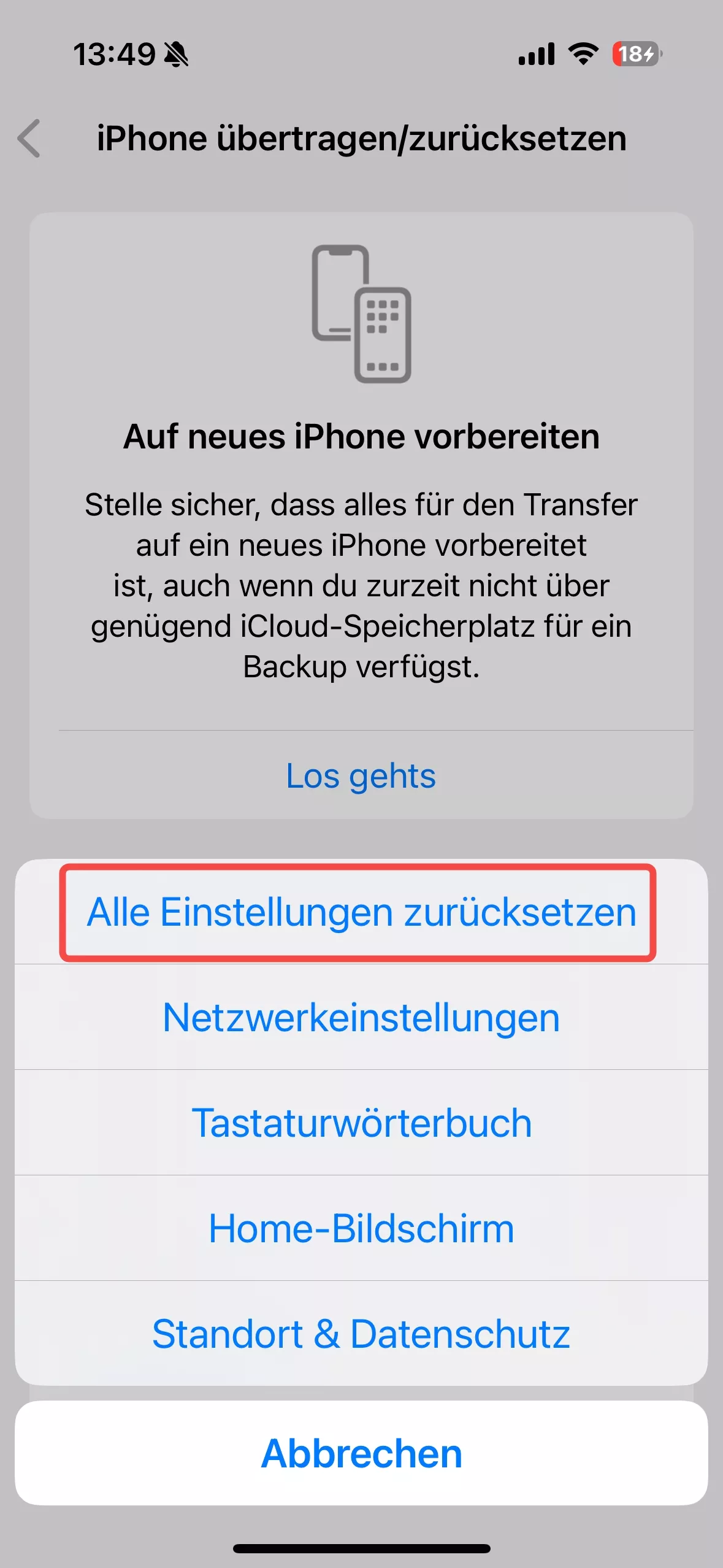 Alle Einstellungen zurücksetzen