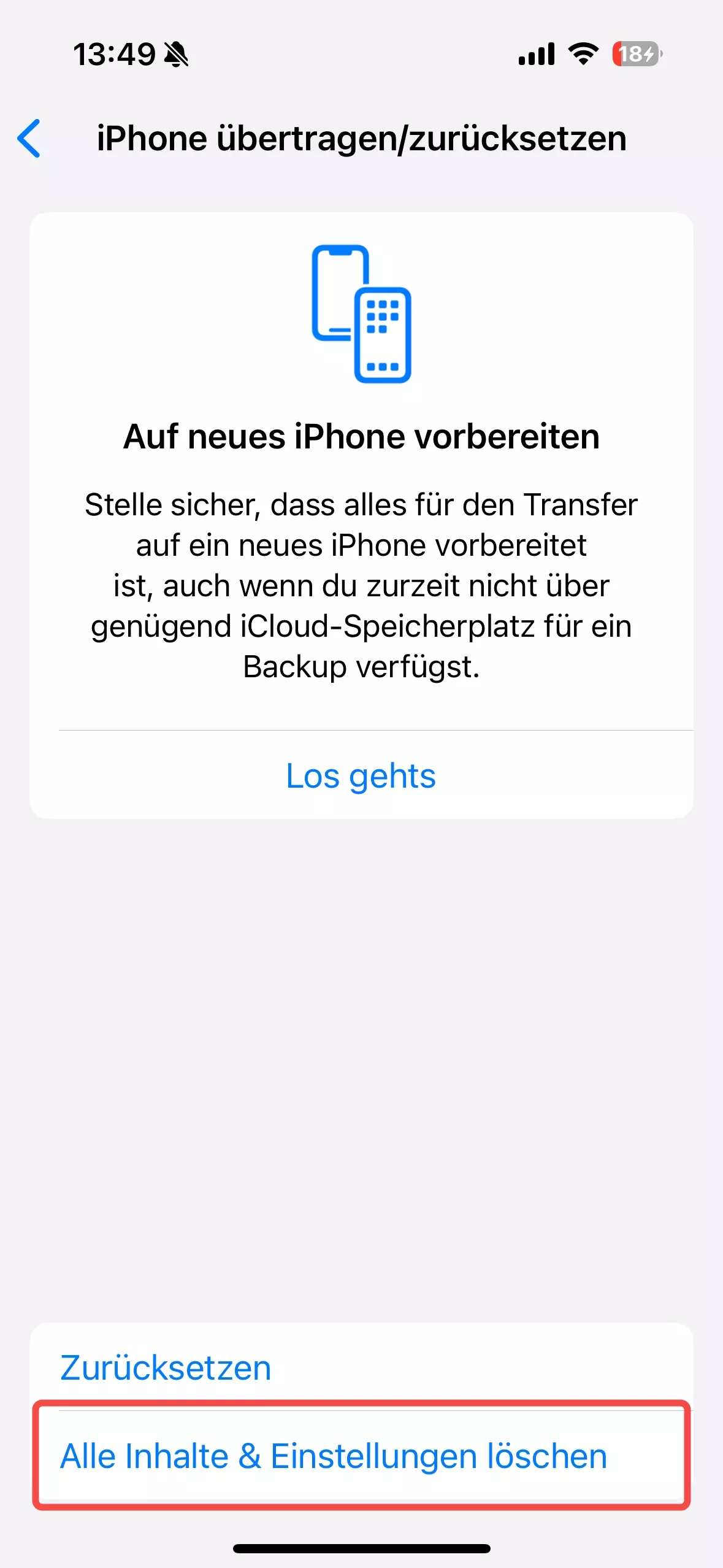 Alle Inhalte & Einstellungen löschen