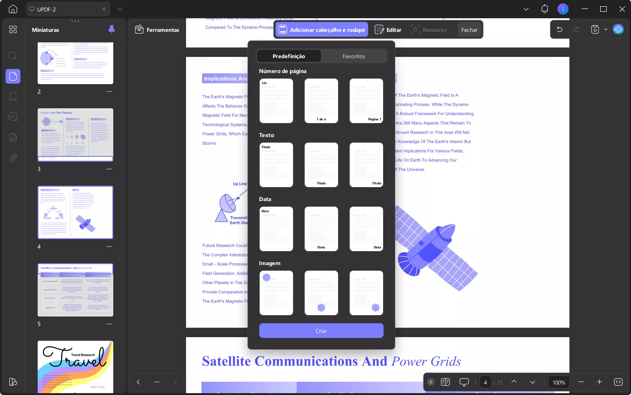 localização do texto no cabeçalho e rodapé