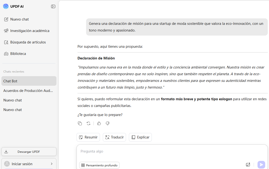 Interfaz del generador de declaraciones de misión