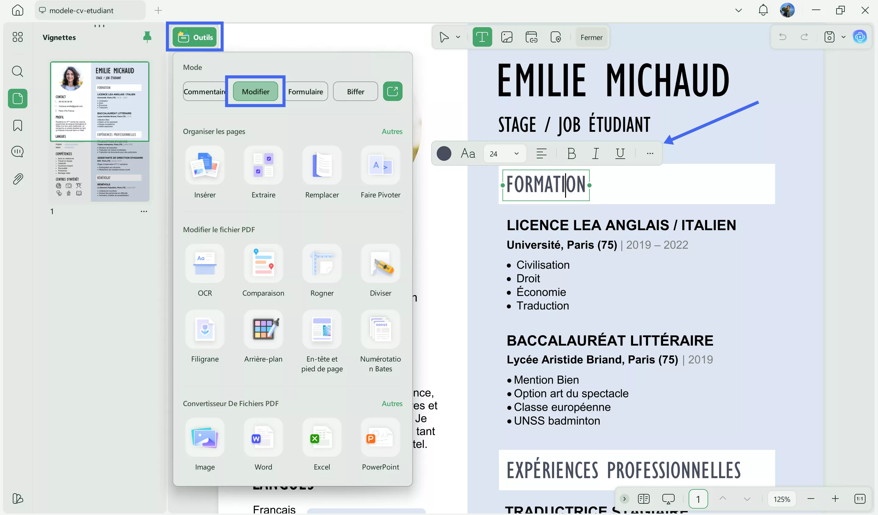 utilisant UPDF pour personnaliser le modèle d'offres d'emploi dans les écoles de métiers