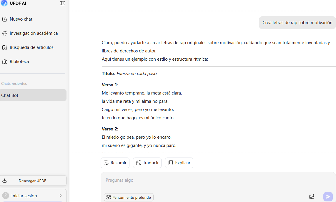 Interfaz del generador de letras UPDF AI