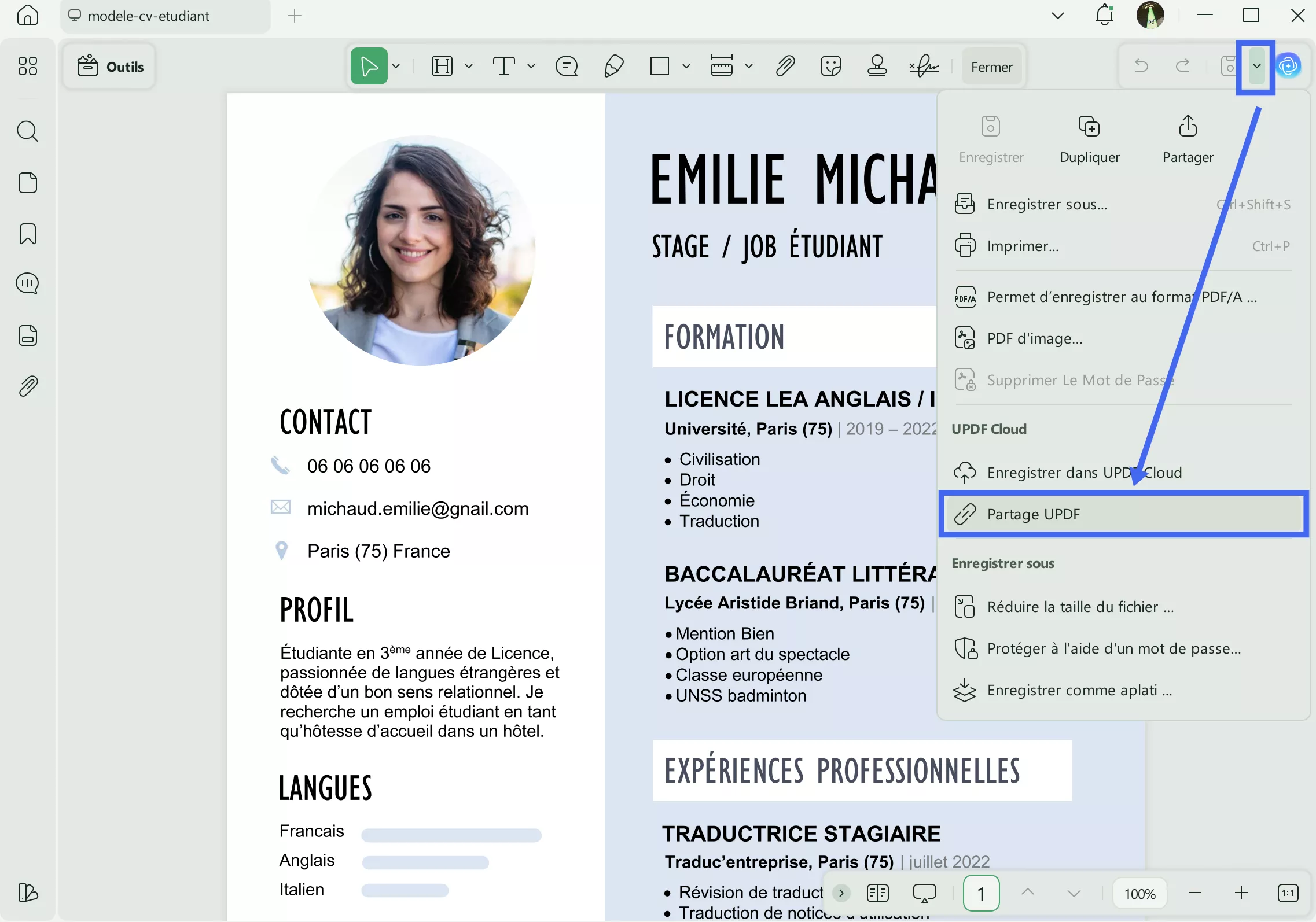 Partagez votre CV d'emploi dans les écoles professionnelles via un lien UPDF