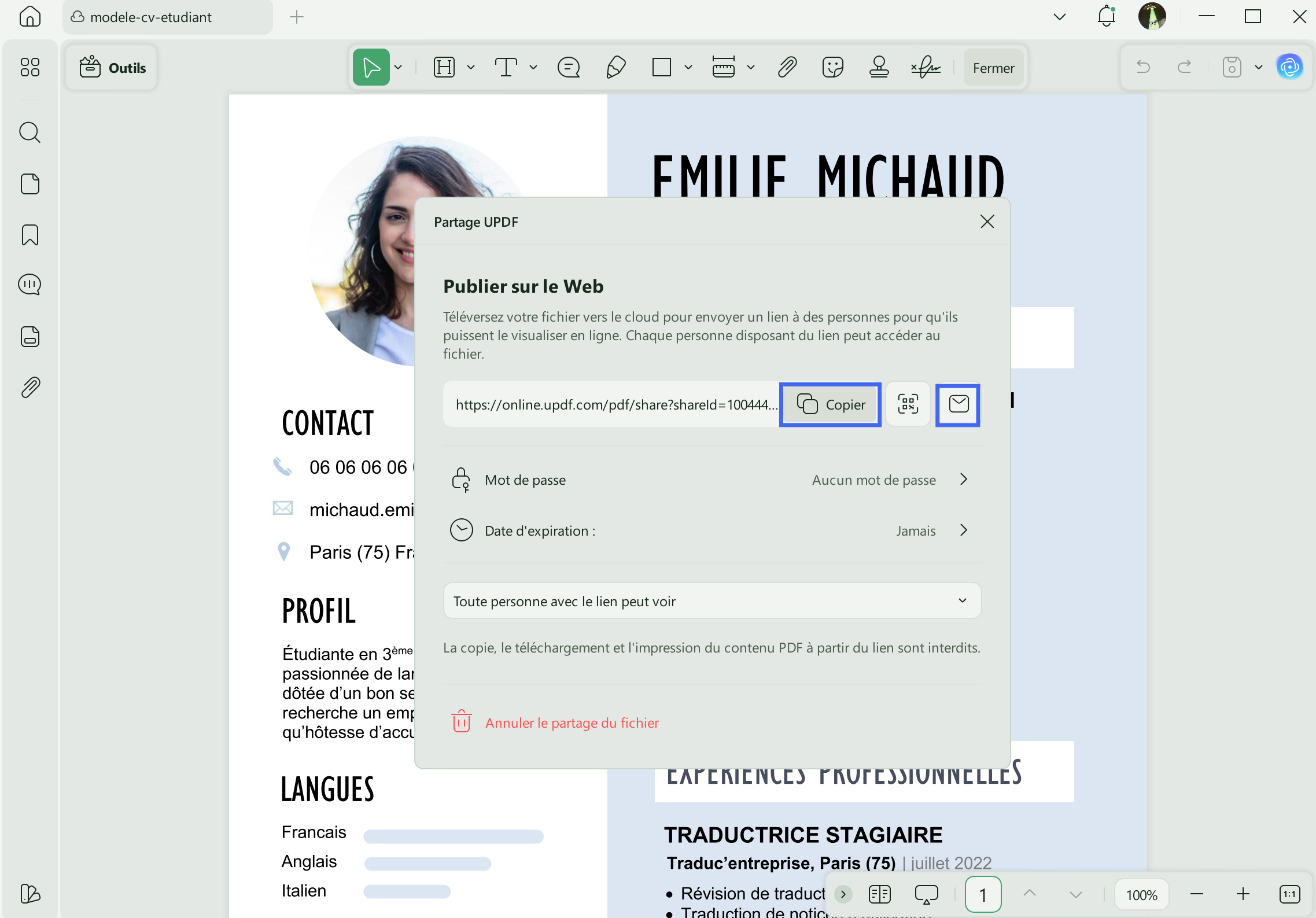 Partagez votre CV d'emploi dans les écoles professionnelles via un lien UPDF