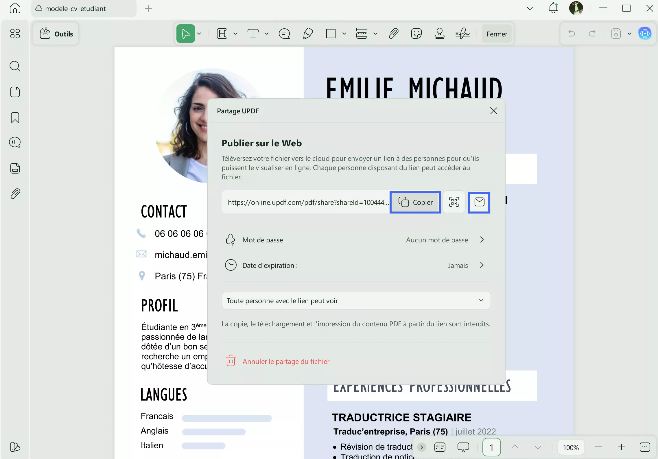 Partagez votre CV d'emploi dans les écoles professionnelles via un lien UPDF